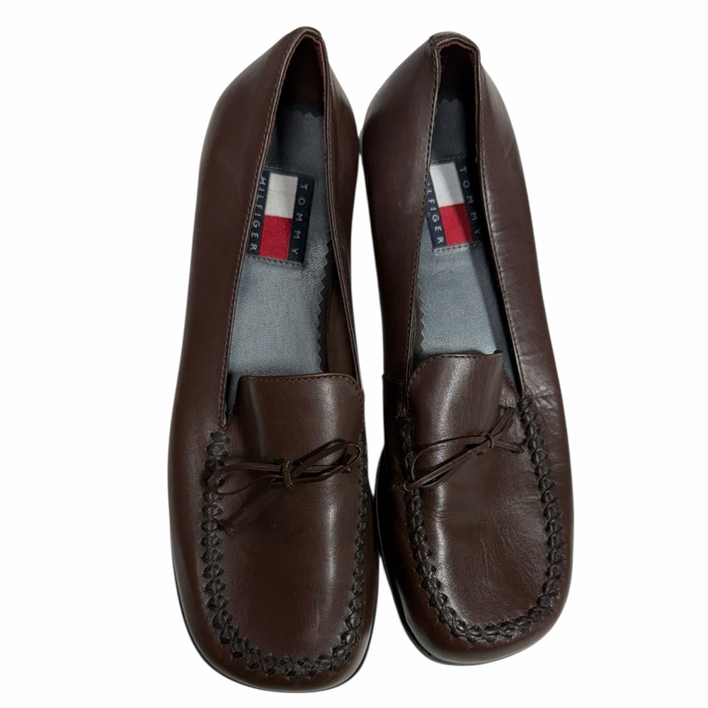 Tommy Hilfiger Brown Leather Square Toe Loafers Moc Toe Bow Flats Women’s 6.5